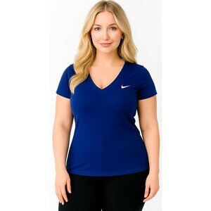 Nike DriFit Fitted Short Sleeve Top T Shirt Blue V Neck Women's Woman's  SMALL
